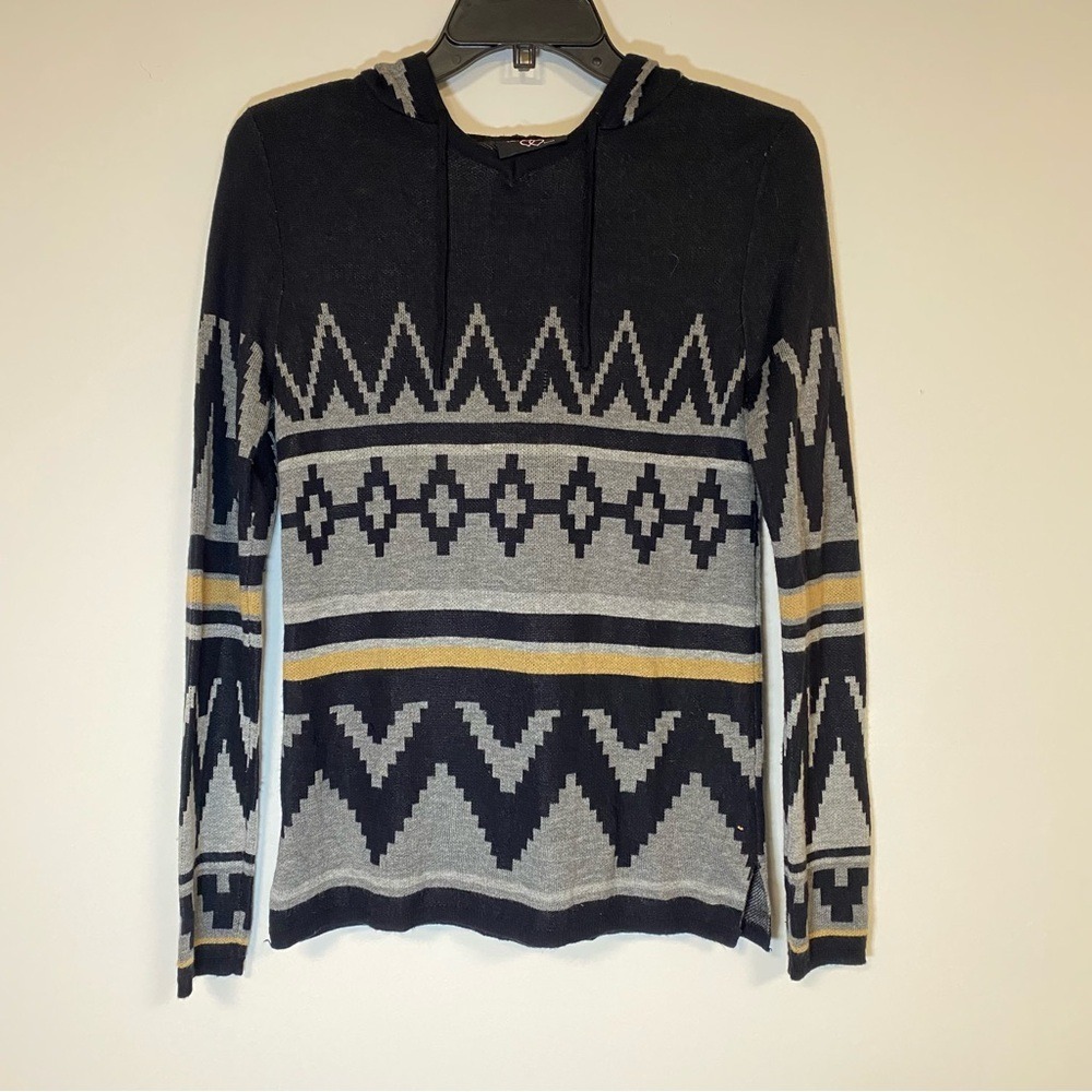 Hooked Up by IOT Women's Geometric Print Hoodie Sweater Black Gray Yellow Size S